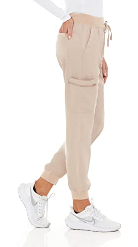 MediChic Mini Marilyn Knit Waist Scrub Joggers Pants with 4-Way Stretch Six Pockets Medical Nursing Slim Tapered Jogger Khaki