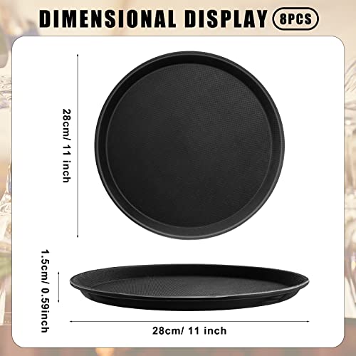 8 Pieces Restaurant Serving Tray, Non Slip Surface Round Tray, Plastic Food Meals Server Tray with Raised Edges for Home, Kitchen, Restaurant, Cafeteria, Bar, Hotel (Black, 11 Inch)