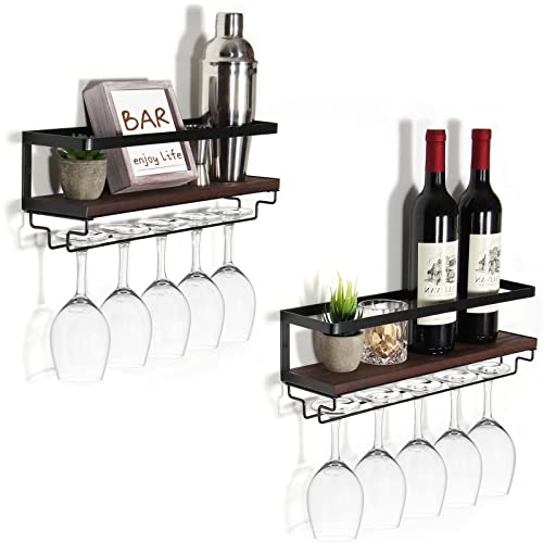 B4Life Wall Mounted Wine Rack with Stemware Hanger, 2 Pack Wall Mount Wine Glass Holder for Dining Room Home Bar Kitchen