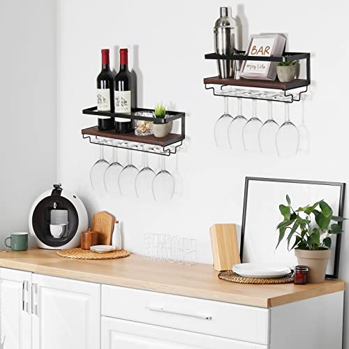 B4Life Wall Mounted Wine Rack with Stemware Hanger, 2 Pack Wall Mount Wine Glass Holder for Dining Room Home Bar Kitchen