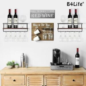 B4Life Wall Mounted Wine Rack with Stemware Hanger, 2 Pack Wall Mount Wine Glass Holder for Dining Room Home Bar Kitchen