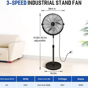 Simple Deluxe 20 Inch Pedestal Standing Fan, High Velocity,Black & 12 Inch 3-Speed High Velocity Heavy Duty Metal Industrial Floor Fans, Black