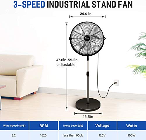 Simple Deluxe 20 Inch Pedestal Standing Fan, High Velocity,Black & 12 Inch 3-Speed High Velocity Heavy Duty Metal Industrial Floor Fans, Black