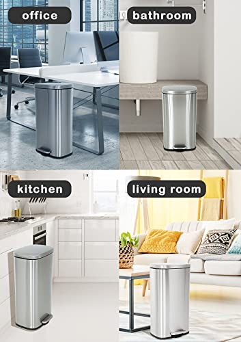 8 Gallon 30L Trash Can with Hinged Lid and Removable Inner Bucket Stainless Steel Kitchen Trash Can Silent Garbage Can Touch-Free Pedal Rubbish Bin Waste Bin for Home Kitchen Waste Bin Silver