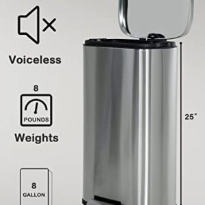 8 Gallon 30L Trash Can with Hinged Lid and Removable Inner Bucket Stainless Steel Kitchen Trash Can Silent Garbage Can Touch-Free Pedal Rubbish Bin Waste Bin for Home Kitchen Waste Bin Silver