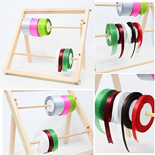 Wood Ribbon Storage Organizer - Ribbon Holder Organizer Rack for Craft Paper Roll - Christmas Gift Wrapping Ribbon Dispenser - 1 Pack Ribbon Organizer for Craft Room, 2 Placement Rods