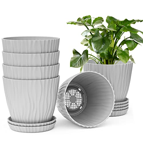 Whonline Plastic Flower Pots, 6 Pack, 7 Inch Gray Pots for Planting with Drainage Holes and Saucers, Decorative Flower Pots for Indoor Plants Outdoor Clearance