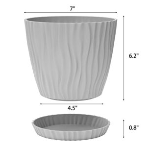 Whonline Plastic Flower Pots, 6 Pack, 7 Inch Gray Pots for Planting with Drainage Holes and Saucers, Decorative Flower Pots for Indoor Plants Outdoor Clearance