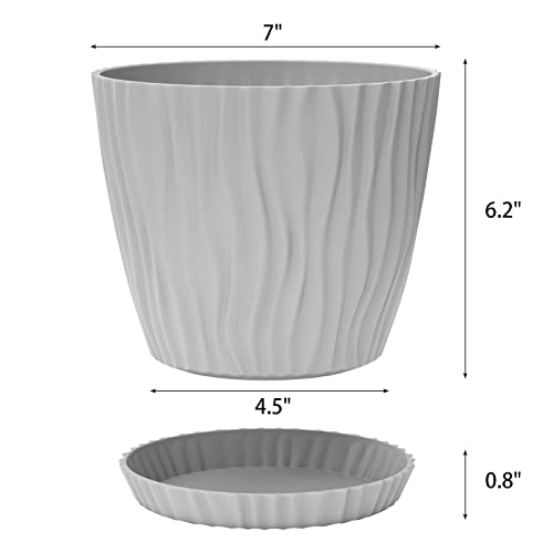 Whonline Plastic Flower Pots, 6 Pack, 7 Inch Gray Pots for Planting with Drainage Holes and Saucers, Decorative Flower Pots for Indoor Plants Outdoor Clearance