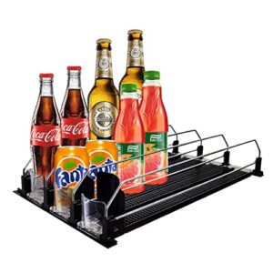 ikaufen drink dispenser for fridge, self-pushing soda rack can organizer for refrigerator, width ajustable beverage pusher glide, beer pop can water bottle storage(16.4inch, 3 rows)