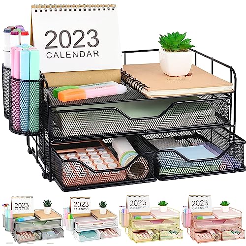 gianotter 3 Tier Desk Drawer Organizer, Office Desk Organizers and Accessories with 2 Pen Holder, Desk Accessories & Workspace Organizers for Home Office Supplies (Black)