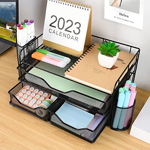 gianotter 3 Tier Desk Drawer Organizer, Office Desk Organizers and Accessories with 2 Pen Holder, Desk Accessories & Workspace Organizers for Home Office Supplies (Black)