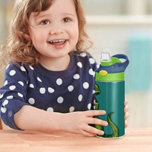 Kigai Green Dinosaur Glasses Kids Water Bottle, Insulated Stainless Steel Water Bottles with Straw Lid, 12 oz BPA-Free Leakproof Duck Mouth Thermos for Boys Girls