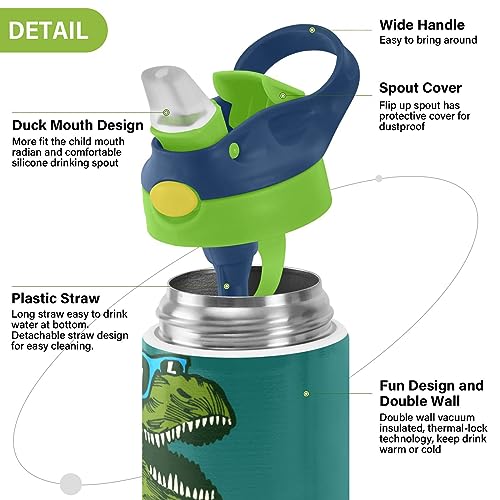 Kigai Green Dinosaur Glasses Kids Water Bottle, Insulated Stainless Steel Water Bottles with Straw Lid, 12 oz BPA-Free Leakproof Duck Mouth Thermos for Boys Girls