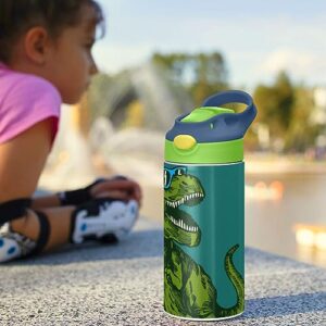 Kigai Green Dinosaur Glasses Kids Water Bottle, Insulated Stainless Steel Water Bottles with Straw Lid, 12 oz BPA-Free Leakproof Duck Mouth Thermos for Boys Girls