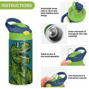 Kigai Green Dinosaur Glasses Kids Water Bottle, Insulated Stainless Steel Water Bottles with Straw Lid, 12 oz BPA-Free Leakproof Duck Mouth Thermos for Boys Girls