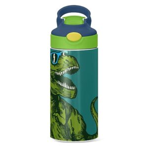 Kigai Green Dinosaur Glasses Kids Water Bottle, Insulated Stainless Steel Water Bottles with Straw Lid, 12 oz BPA-Free Leakproof Duck Mouth Thermos for Boys Girls