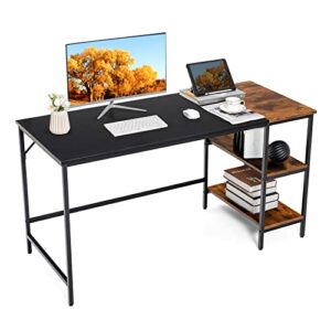 tangkula 55” computer desk, large home office desk with 2-tier storage shelves, modern laptop pc desk with heavy-duty steel frame, multipurpose writing desk study desk (black)