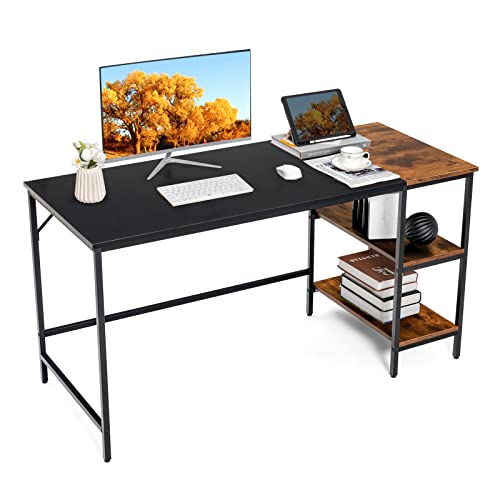 Tangkula 55” Computer Desk, Large Home Office Desk with 2-Tier Storage Shelves, Modern Laptop PC Desk with Heavy-Duty Steel Frame, Multipurpose Writing Desk Study Desk (Black)