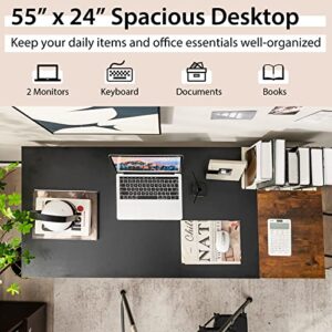 Tangkula 55” Computer Desk, Large Home Office Desk with 2-Tier Storage Shelves, Modern Laptop PC Desk with Heavy-Duty Steel Frame, Multipurpose Writing Desk Study Desk (Black)