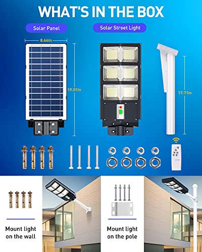 A-ZONE 300W Solar Street Lights Outdoor Waterproof, 6500K 30000LM Outdoor LED Street Light Dusk to Dawn, LED Wide Angle Lamp with Motion Sensor and Remote Control, for Parking Lot, Yard, etc.