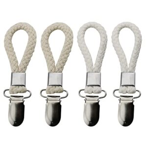 hscgin 4pcs cotton rope clip hanging clip 115x23mm braided cotton loop towel clip with metal clamp for home, bathroom, kitchen, storage, bold twill white, badge