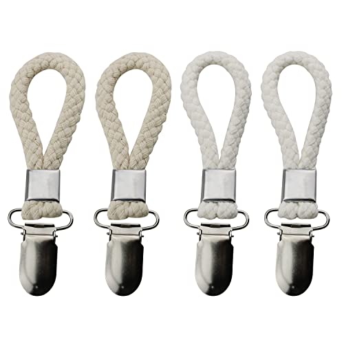 HSCGIN 4pcs Cotton Rope Clip Hanging Clip 115x23mm Braided Cotton Loop Towel Clip with Metal Clamp for Home, Bathroom, Kitchen, Storage, Bold Twill White, Badge