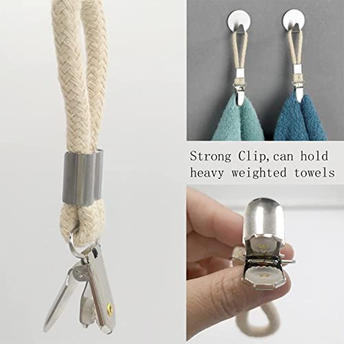 HSCGIN 4pcs Cotton Rope Clip Hanging Clip 115x23mm Braided Cotton Loop Towel Clip with Metal Clamp for Home, Bathroom, Kitchen, Storage, Bold Twill White, Badge