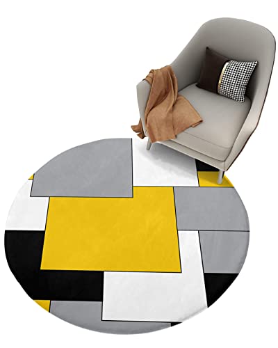 Fluffy Round Area Rugs for Living Room,5ft Carpet Abstract Modern Geometric Art Shaggy Accent Rug Furry Floor Mat for Nursery,Yellow Gray Black White Color Block Plush Non-Slip Bedroom Throw Rugs