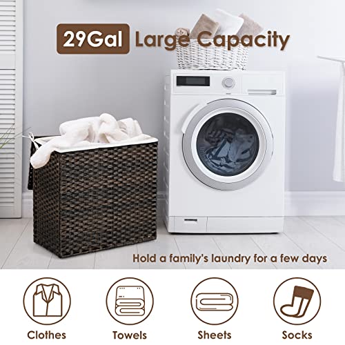 GOFLAME Laundry Hamper with Lid & Handles, 110L Divided Dirty Clothes Hamper with 3 Sections, Handwoven Rattan Laundry Basket with Removable & Machine Washable Liner Bag, Foldable & Easy Assembly