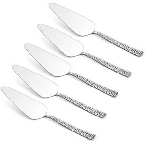 5-piece pie server, e-far hammered stainless steel cake server spatula for cutting pastry cheese pizza, serrated edge with square handle, mirror polished & dishwasher safe-8.9 inch