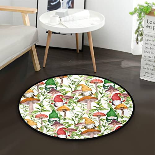 Mushrooms Gnomes Fanmily Round Area Rug, Non Slip Indoor Throw Area Rug, Washable Circle Carpet Floor Mat for Living Room,Door Mat Entryway,Bedroom,Sofa,3 Ft