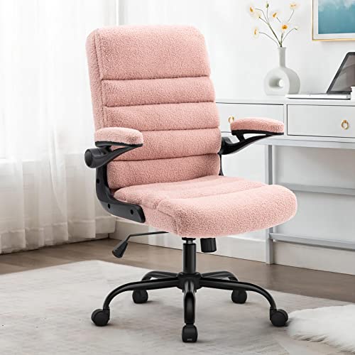 SEATZONE Home Office Desk Chair, High Back Chair Ergonomic Lumbar Support Chairs with Wheels and Flip-up Armrest Adjustable Computer Backward Tilt, Pink