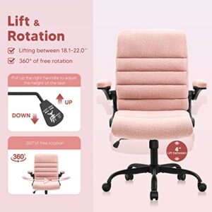 SEATZONE Home Office Desk Chair, High Back Chair Ergonomic Lumbar Support Chairs with Wheels and Flip-up Armrest Adjustable Computer Backward Tilt, Pink