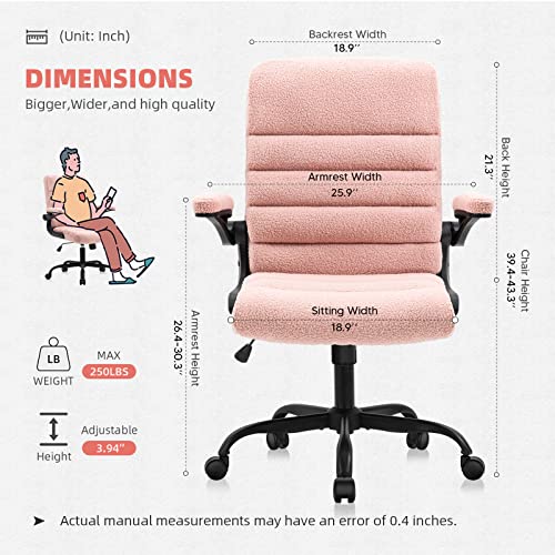 SEATZONE Home Office Desk Chair, High Back Chair Ergonomic Lumbar Support Chairs with Wheels and Flip-up Armrest Adjustable Computer Backward Tilt, Pink