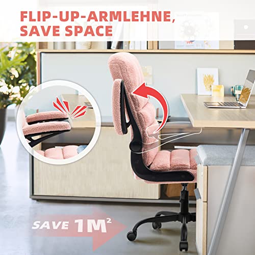 SEATZONE Home Office Desk Chair, High Back Chair Ergonomic Lumbar Support Chairs with Wheels and Flip-up Armrest Adjustable Computer Backward Tilt, Pink