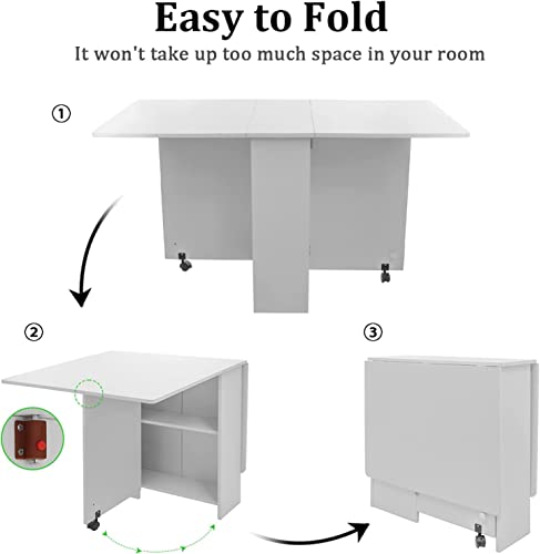 DINAZA Folding Dining Table Drop Leaf Table for Small Spaces with 2 Tier Storage Racks Multifunction Space Saving Table Extension Dinner Table for Kitchen Living Room