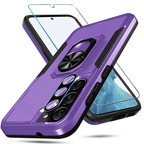 Janmitta Samsung Galaxy S23 Case with Screen Protector+Camera Lens Protector,Heavy Duty Shockproof Full Body Phone Cover Built in Rotatable Magnetic Ring Holder Kickstand,2023 Lavender