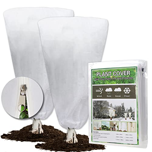 AJumpoo Plant Covers Freeze Protection, Winter Cold Weather Frost Blankets Shrub Jacket with Drawstring Reusable Frost Cloth for Outdoor Plants Fruit Tree Potted -2 Pack