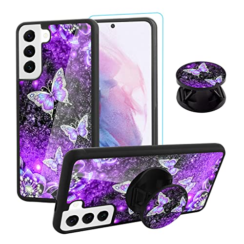 Tjkings for Samsung Galaxy S21 6.2 inch Case, [Screen Protector+Kickstand] Glitter Purple Butterfly Nebula Space Tire Design Hard PC+TPU Bumper Slim Anti-Scratch Shockproof for Samsung Galaxy S21