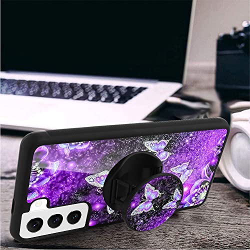 Tjkings for Samsung Galaxy S21 6.2 inch Case, [Screen Protector+Kickstand] Glitter Purple Butterfly Nebula Space Tire Design Hard PC+TPU Bumper Slim Anti-Scratch Shockproof for Samsung Galaxy S21