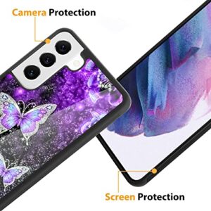 Tjkings for Samsung Galaxy S21 6.2 inch Case, [Screen Protector+Kickstand] Glitter Purple Butterfly Nebula Space Tire Design Hard PC+TPU Bumper Slim Anti-Scratch Shockproof for Samsung Galaxy S21