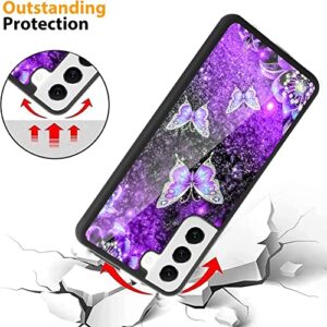 Tjkings for Samsung Galaxy S21 6.2 inch Case, [Screen Protector+Kickstand] Glitter Purple Butterfly Nebula Space Tire Design Hard PC+TPU Bumper Slim Anti-Scratch Shockproof for Samsung Galaxy S21