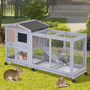 rabbit house 58" rabbit hutch indoor & outdoor wooden bunny cage w/wheels, large guinea pig house rabbits cage with run ramp removable trays for small animals