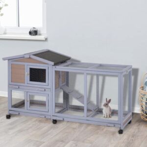 Rabbit House 58" Rabbit Hutch Indoor & Outdoor Wooden Bunny Cage W/Wheels, Large Guinea Pig House Rabbits Cage with Run Ramp Removable Trays for Small Animals