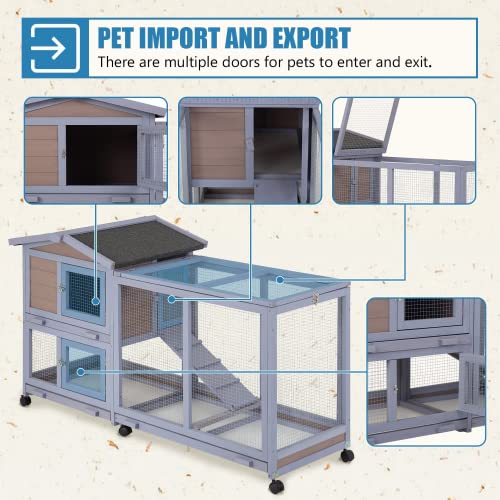 Rabbit House 58" Rabbit Hutch Indoor & Outdoor Wooden Bunny Cage W/Wheels, Large Guinea Pig House Rabbits Cage with Run Ramp Removable Trays for Small Animals