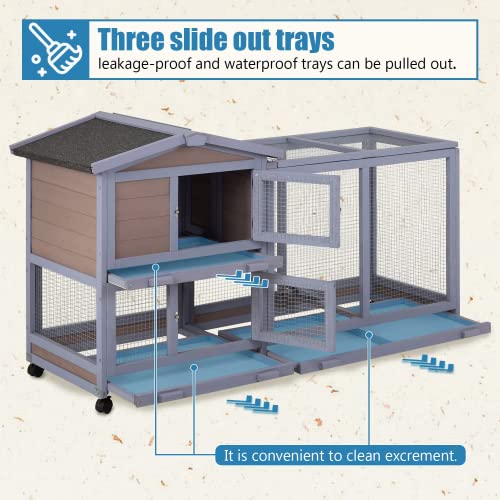 Rabbit House 58" Rabbit Hutch Indoor & Outdoor Wooden Bunny Cage W/Wheels, Large Guinea Pig House Rabbits Cage with Run Ramp Removable Trays for Small Animals