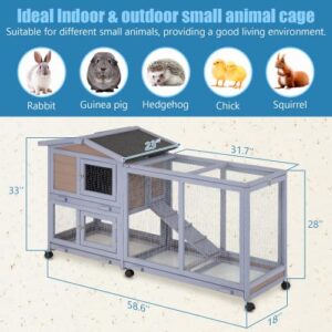 Rabbit House 58" Rabbit Hutch Indoor & Outdoor Wooden Bunny Cage W/Wheels, Large Guinea Pig House Rabbits Cage with Run Ramp Removable Trays for Small Animals