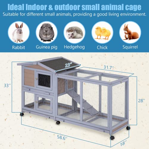 Rabbit House 58" Rabbit Hutch Indoor & Outdoor Wooden Bunny Cage W/Wheels, Large Guinea Pig House Rabbits Cage with Run Ramp Removable Trays for Small Animals