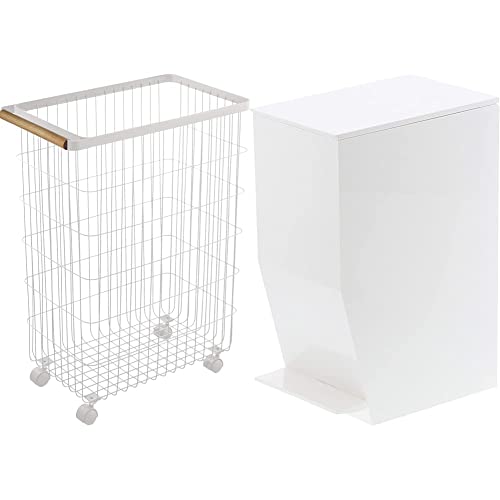 Yamazaki Home Wire Slim Saving Rolling Wheeled Clothing Hamper | Steel + Wood | Laundry Basket, One Size, White & Tower Sanitary Step Trash Can, One Gallon ?€? Small Home Waste Bin